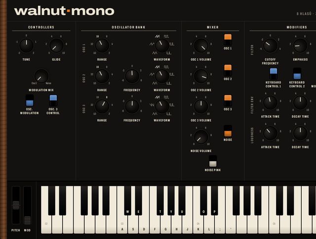Vlastní syntezátor Walnut Mono v prohlížeči